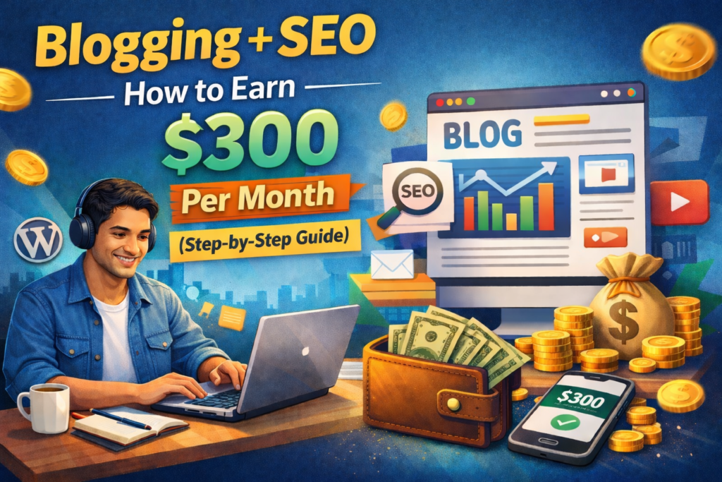 Young man earning $300 per month through blogging and SEO, step-by-step guide, laptop, wallet, and coins